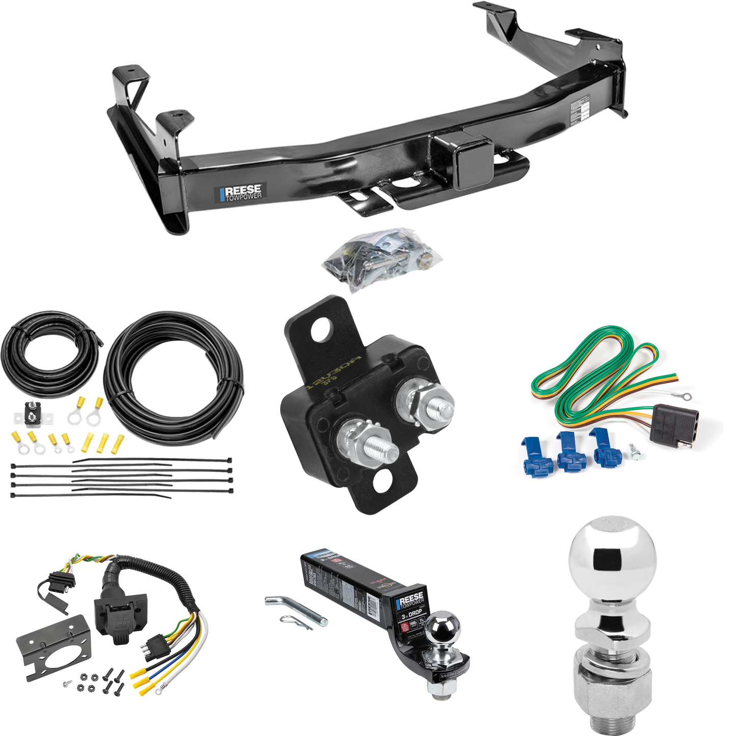 Fits 2001-2002 GMC Sierra 3500 Trailer Hitch Tow PKG w/ 7-Way RV Wiring + 2" & 2-5/16" Ball + Drop Mount By Reese Towpower