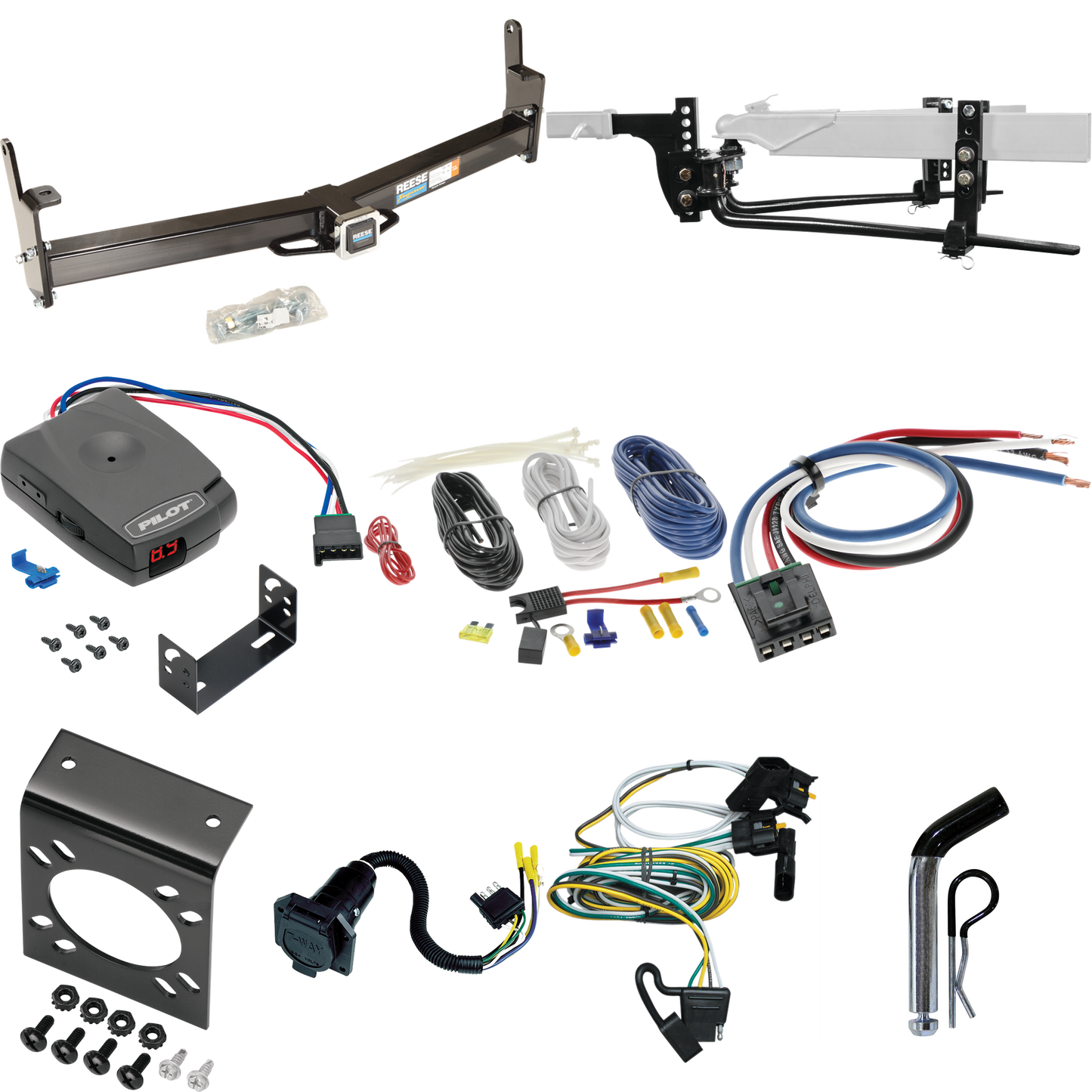 Fits 2001-2003 Ford Explorer Sport Trailer Hitch Tow PKG w/ 6K Round Bar Weight Distribution Hitch w/ 2-5/16" Ball + Pin/Clip + Pro Series Pilot Brake Control + Generic BC Wiring Adapter + 7-Way RV Wiring By Reese Towpower