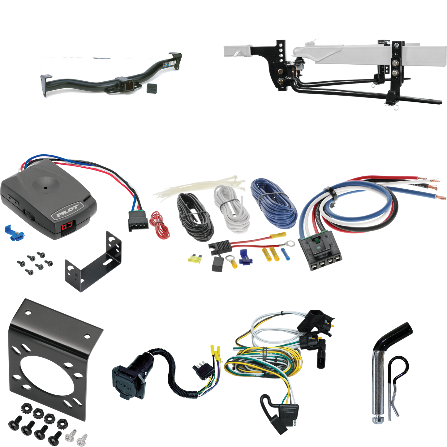 Fits 2001-2003 Ford Explorer Sport Trailer Hitch Tow PKG w/ 6K Round Bar Weight Distribution Hitch w/ 2-5/16" Ball + Pin/Clip + Pro Series Pilot Brake Control + Generic BC Wiring Adapter + 7-Way RV Wiring By Reese Towpower