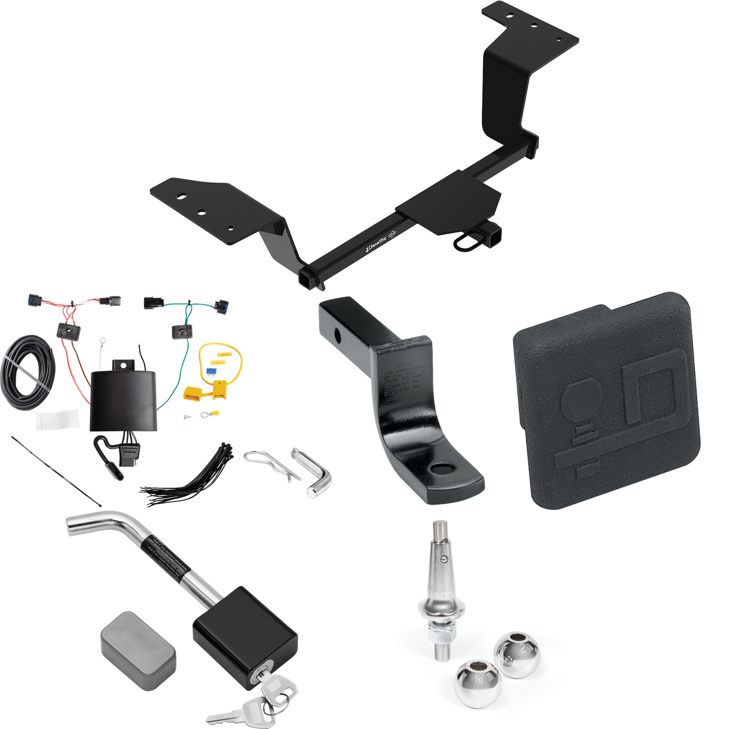 Fits 2019-2023 KIA Forte Trailer Hitch Tow PKG w/ 4-Flat Wiring Harness + Draw-Bar + Interchangeable 1-7/8" & 2" Balls + Hitch Cover + Hitch Lock (For Sedan Models) By Draw-Tite