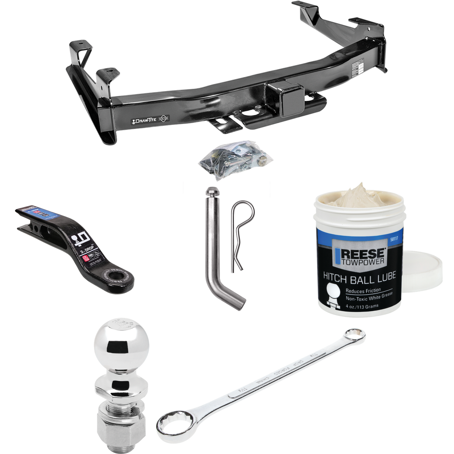 Fits 2001-2002 GMC Sierra 2500 HD Trailer Hitch Tow PKG w/ Ball Mount w/ 3" Drop + Pin/Clip + 2-5/16" Ball + Ball Wrench + Ball Lube By Draw-Tite