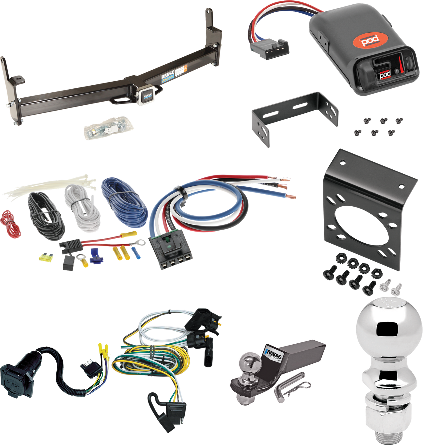 Fits 2001-2003 Ford Explorer Sport Trailer Hitch Tow PKG w/ Pro Series POD Brake Control + Generic BC Wiring Adapter + 7-Way RV Wiring + 2" & 2-5/16" Ball & Drop Mount By Reese Towpower