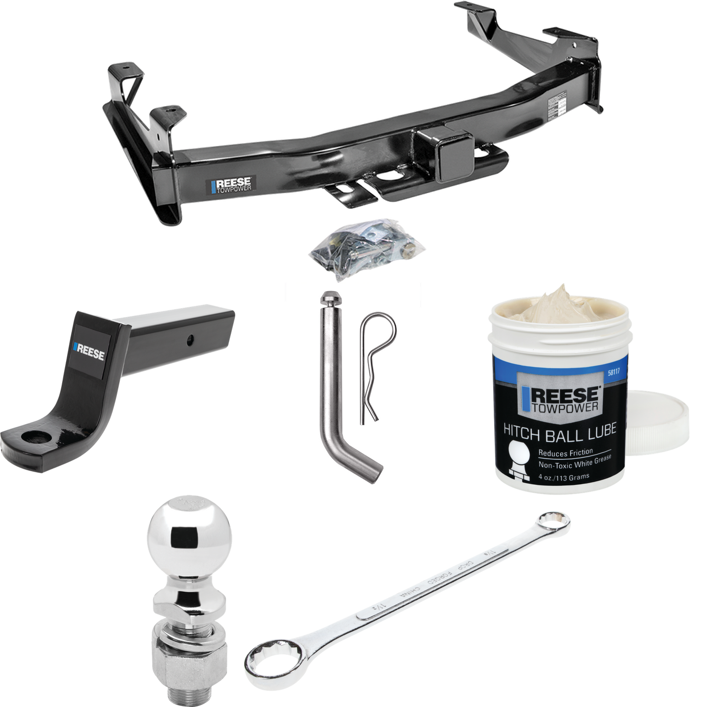 Fits 2007-2010 Chevrolet Silverado 3500 HD Trailer Hitch Tow PKG w/ Ball Mount w/ 5" Drop + Pin/Clip + 2-5/16" Ball + Ball Wrench + Ball Lube By Reese Towpower