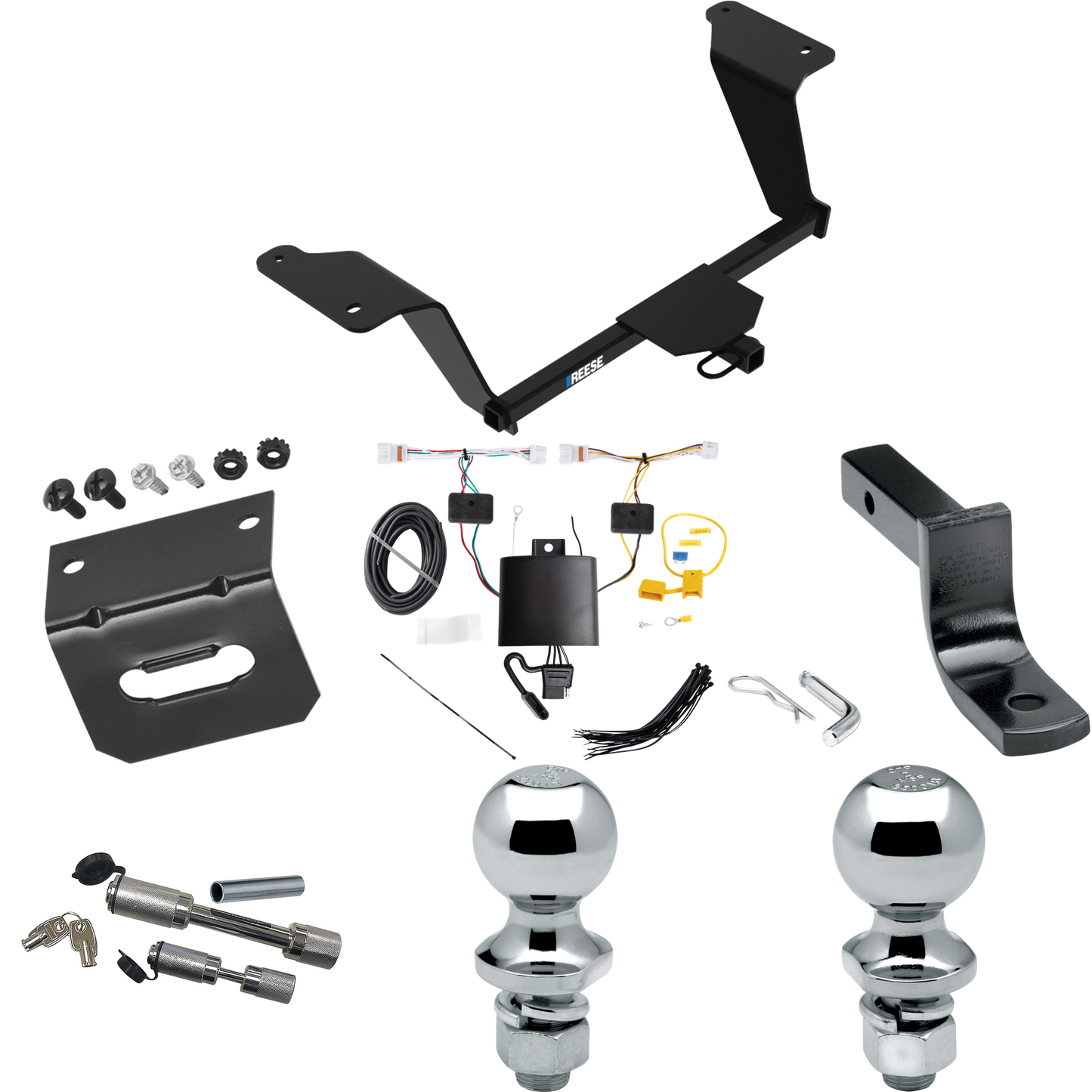 Se adapta al paquete de remolque con enganche de remolque KIA K5 2021-2023 con arnés de cableado de 4 planos + barra de tracción + bola de 1-7/8" + bola de 2" + soporte de cableado + enganche doble y cerraduras de acoplador de Reese Towpower