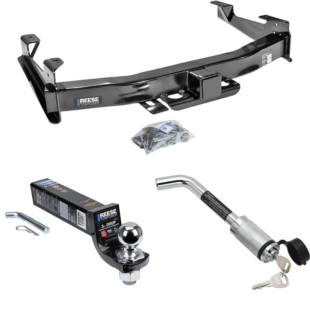 Fits 2001-2002 Chevrolet Silverado 2500 HD Trailer Hitch Tow PKG w/ Interlock Ball Mount Starter Kit 3" Drop w/ 2" Ball + Hitch Lock By Reese Towpower