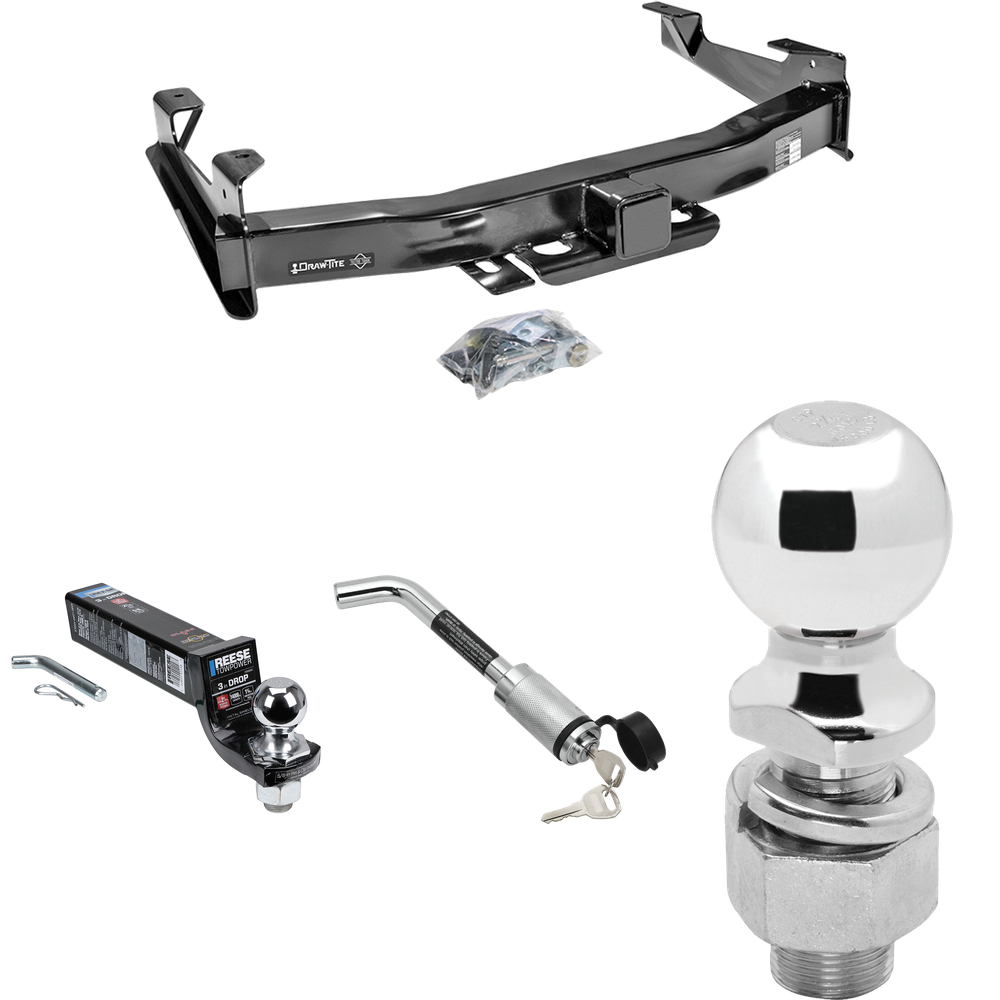 Fits 2001-2002 Chevrolet Silverado 2500 HD Trailer Hitch Tow PKG w/ Interlock Ball Mount Starter Kit 3" Drop w/ 2" Ball + Hitch Lock + 2-5/16" Ball + Hitch Lock By Draw-Tite