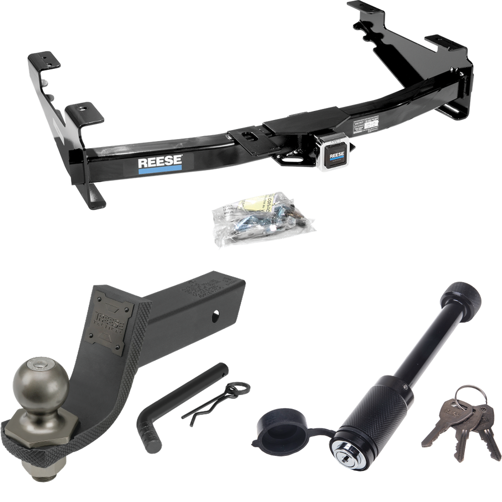 Fits 2001-2002 GMC Sierra 2500 HD Trailer Hitch Tow PKG + Interlock Tactical Starter Kit w/ 3-1/4" Drop & 2" Ball + Tactical Dogbone Lock By Reese Towpower