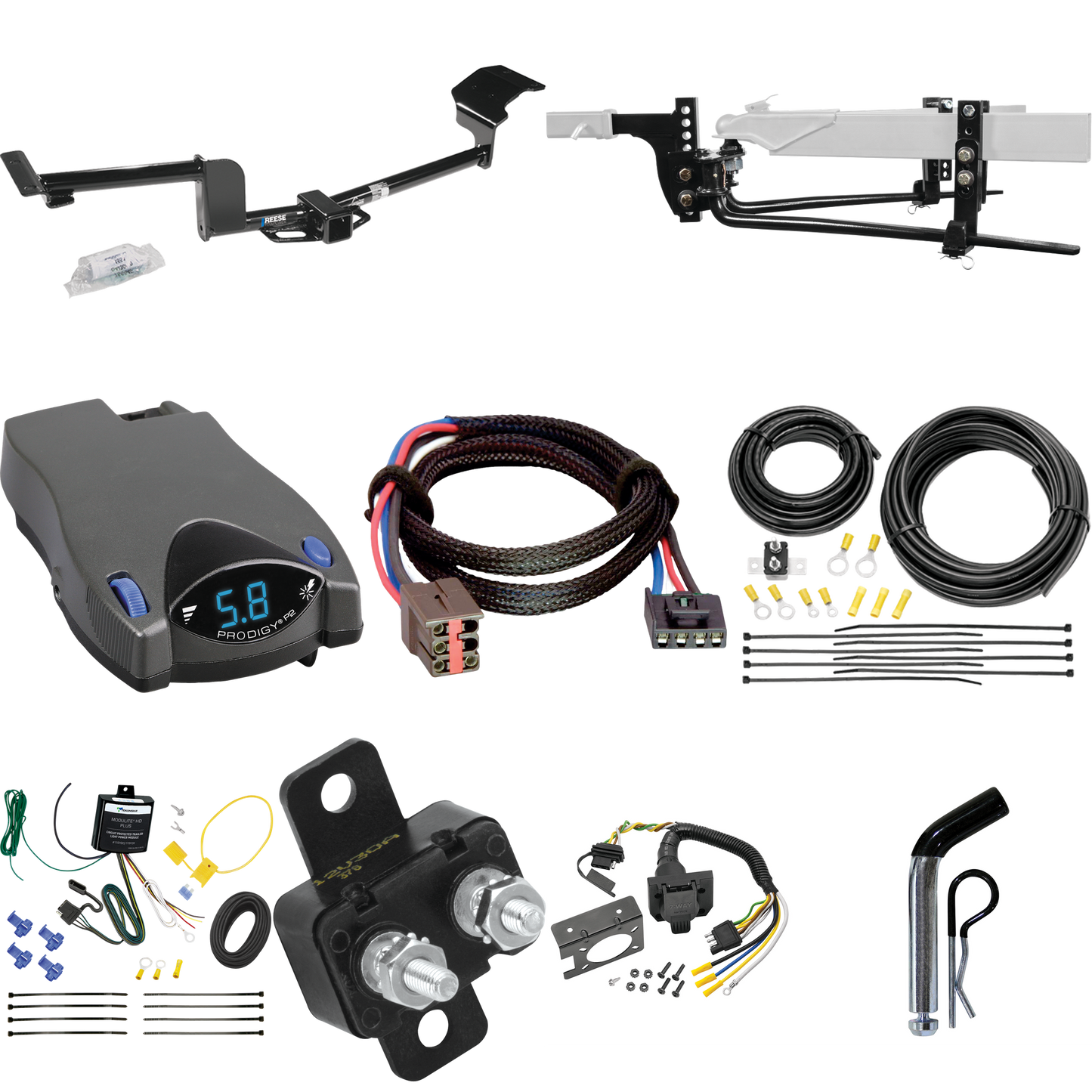 Fits 2010-2011 Lincoln MKT Trailer Hitch Tow PKG w/ 6K Round Bar Weight Distribution Hitch w/ 2-5/16" Ball + Pin/Clip + Tekonsha Prodigy P2 Brake Control + Plug & Play BC Adapter + 7-Way RV Wiring By Reese Towpower