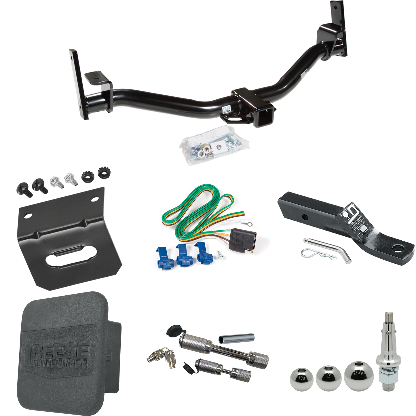 Fits 2001-2001 Ford Explorer Sport Trac Trailer Hitch Tow PKG w/ 4-Flat Wiring + Ball Mount w/ 2" Drop + Interchangeable Ball 1-7/8" & 2" & 2-5/16" + Wiring Bracket + Dual Hitch & Coupler Locks + Hitch Cover By Reese Towpower