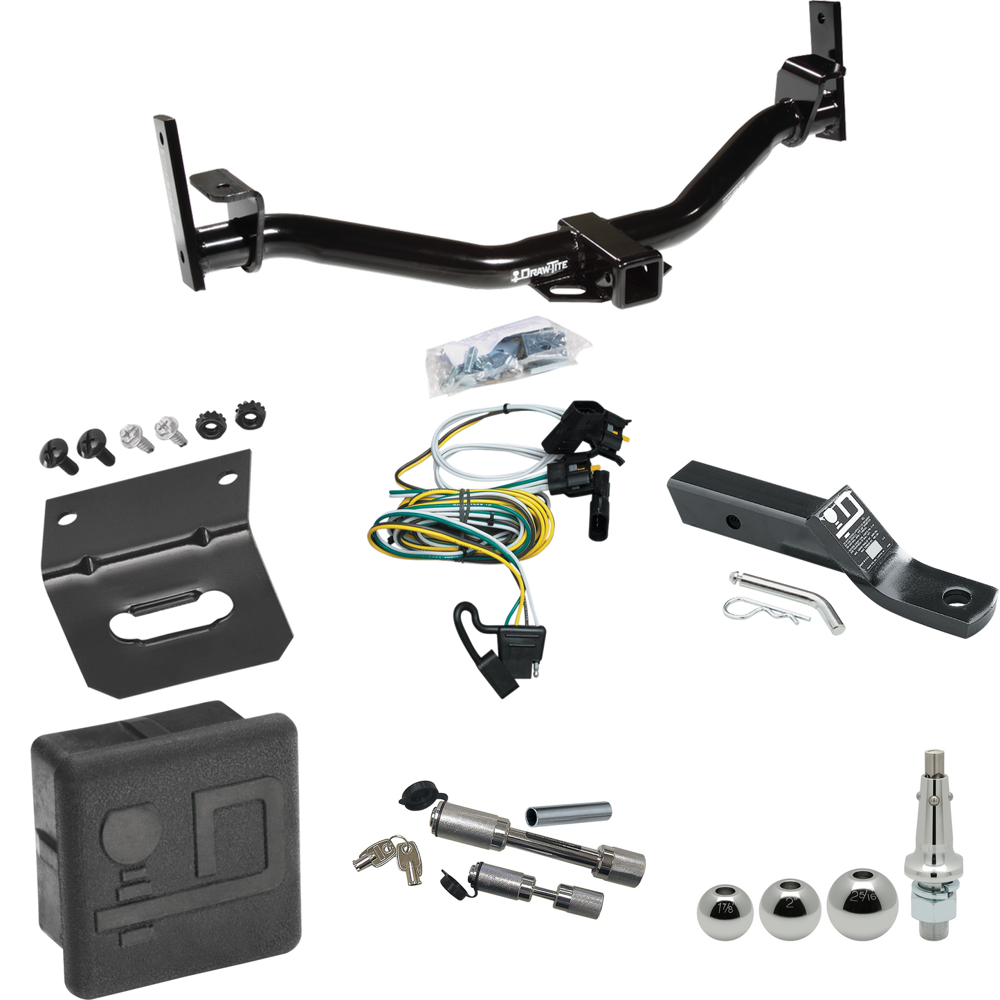 Fits 2002-2003 Ford Explorer Sport Trac Trailer Hitch Tow PKG w/ 4-Flat Wiring + Ball Mount w/ 2" Drop + Interchangeable Ball 1-7/8" & 2" & 2-5/16" + Wiring Bracket + Dual Hitch & Coupler Locks + Hitch Cover By Draw-Tite