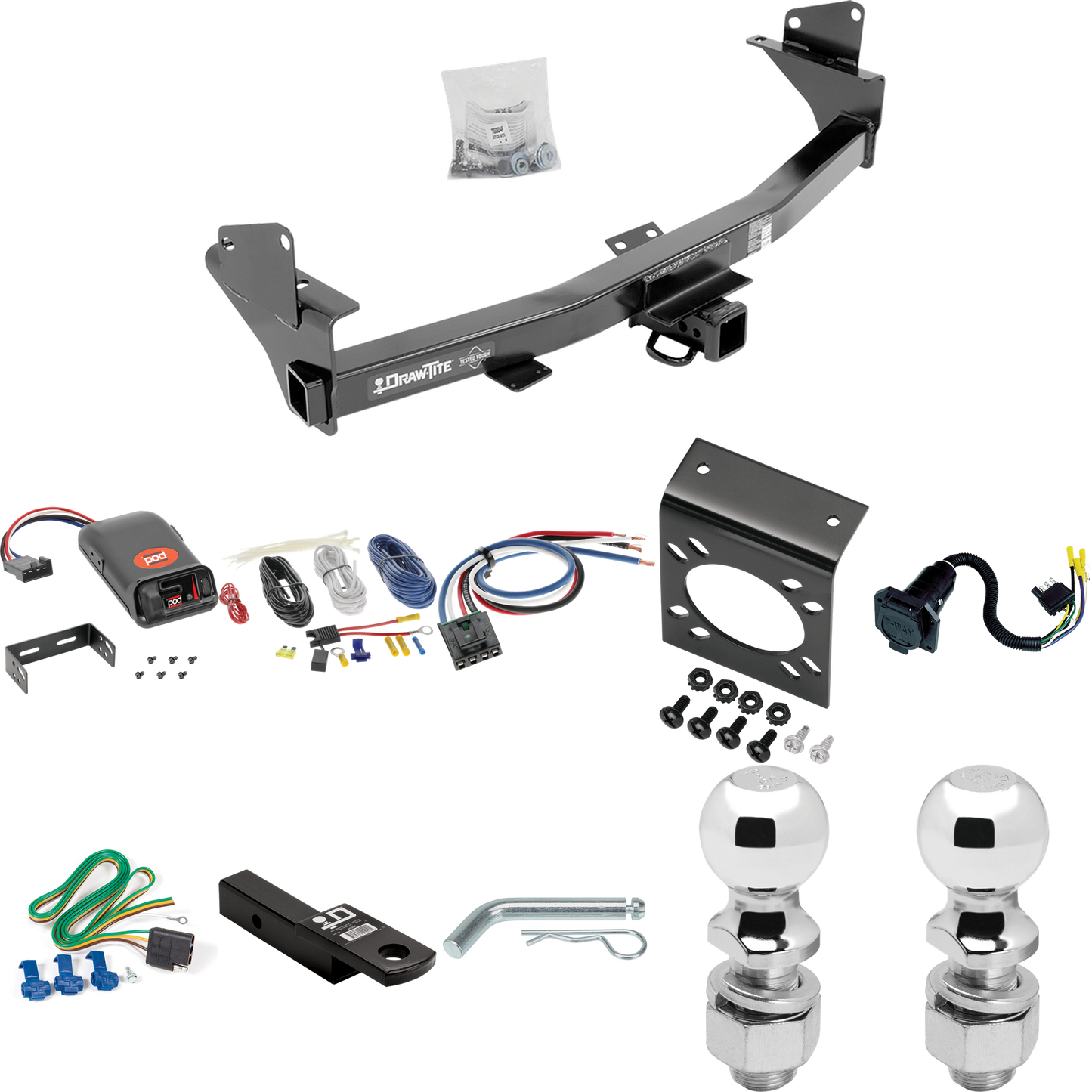 Se adapta al paquete de enganche de remolque Chevrolet Colorado 2015-2022 con control de freno POD serie Pro + adaptador de cableado BC genérico + cableado RV de 7 vías + soporte de bola y caída de 2" y 2-5/16" de Draw-Tite