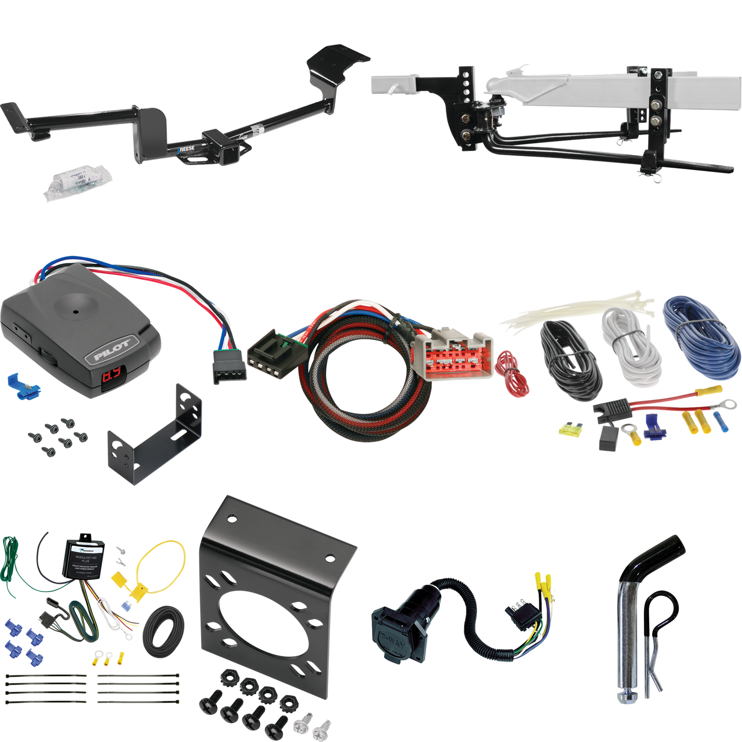 Fits 2012-2014 Lincoln MKT Trailer Hitch Tow PKG w/ 6K Round Bar Weight Distribution Hitch w/ 2-5/16" Ball + Pin/Clip + Pro Series Pilot Brake Control + Plug & Play BC Adapter + 7-Way RV Wiring By Reese Towpower