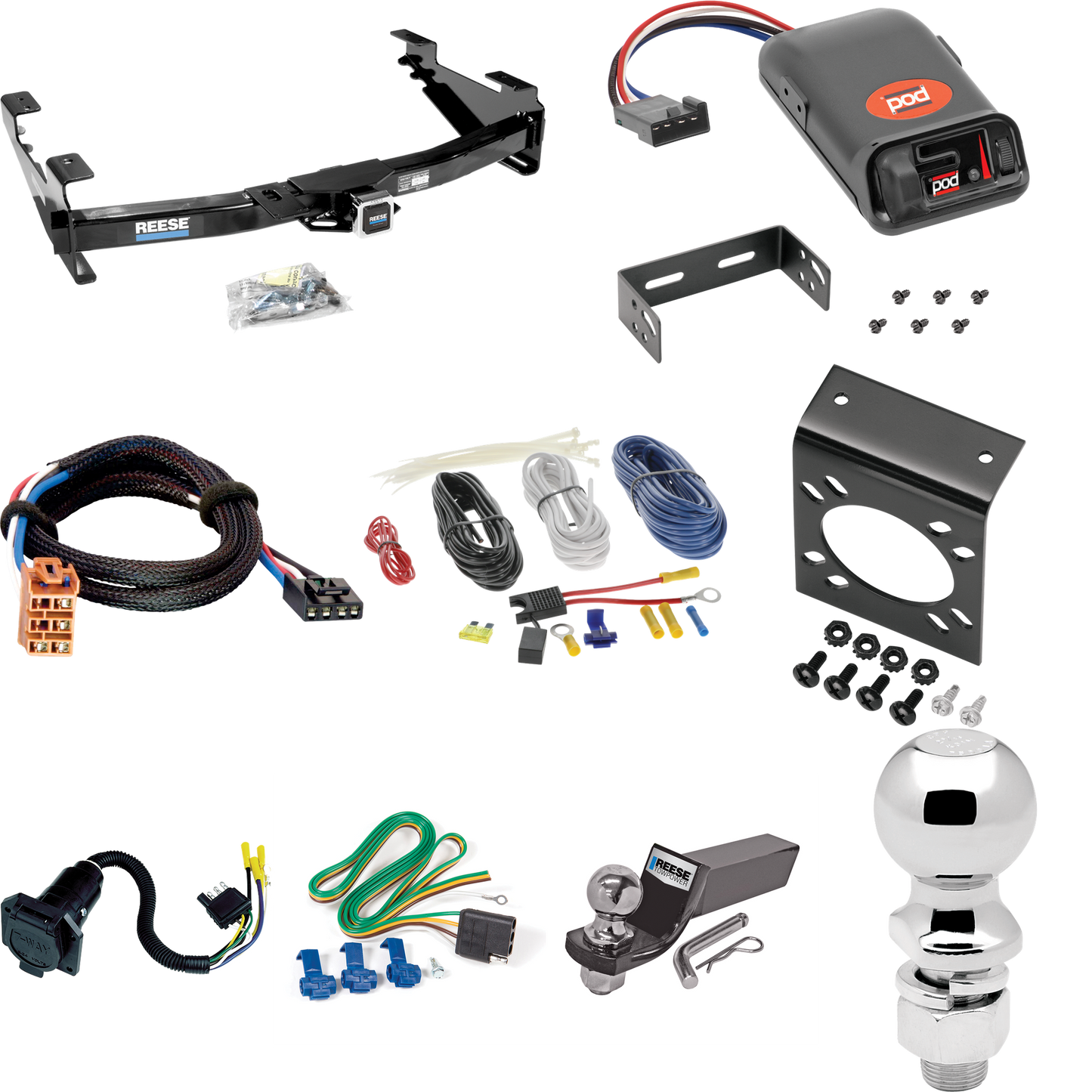 Fits 2003-2007 GMC Sierra 2500 HD Trailer Hitch Tow PKG w/ Pro Series POD Brake Control + Plug & Play BC Adapter + 7-Way RV Wiring + 2" & 2-5/16" Ball & Drop Mount (For (Classic) Models) By Reese Towpower