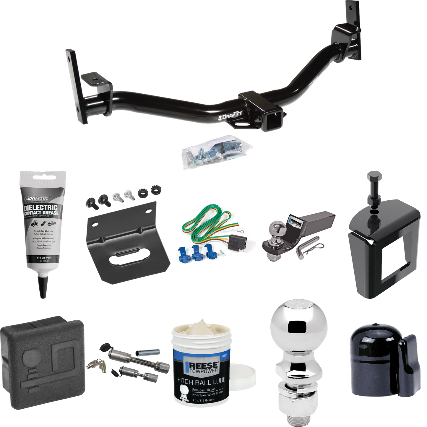 Fits 2004-2005 Ford Explorer Sport Trac Trailer Hitch Tow PKG w/ 4-Flat Wiring + Starter Kit Ball Mount w/ 2" Drop & 2" Ball + 2-5/16" Ball + Wiring Bracket + Dual Hitch & Coupler Locks + Hitch Cover + Wiring Tester + Ball Lube +Electric Grease + Bal