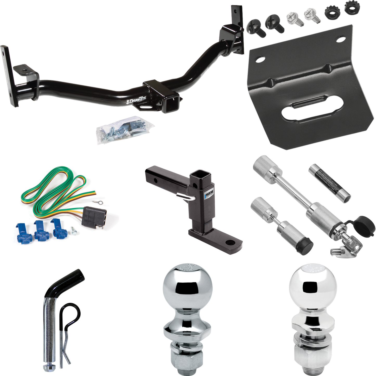 Fits 2004-2005 Ford Explorer Sport Trac Trailer Hitch Tow PKG w/ 4-Flat Wiring Harness + Adjustable Drop Rise Ball Mount + Pin/Clip + 2" Ball + 1-7/8" Ball + Dual Hitch & Coupler Locks By Draw-Tite