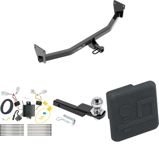 Fits 2017-2023 KIA Niro Trailer Hitch Tow PKG w/ 4-Flat Wiring Harness + Interlock Starter Kit w/ 2" Ball 1-1/4" Drop 3/4" Rise + Hitch Cover (Excludes: Plug-In-Hybrid Models) By Draw-Tite