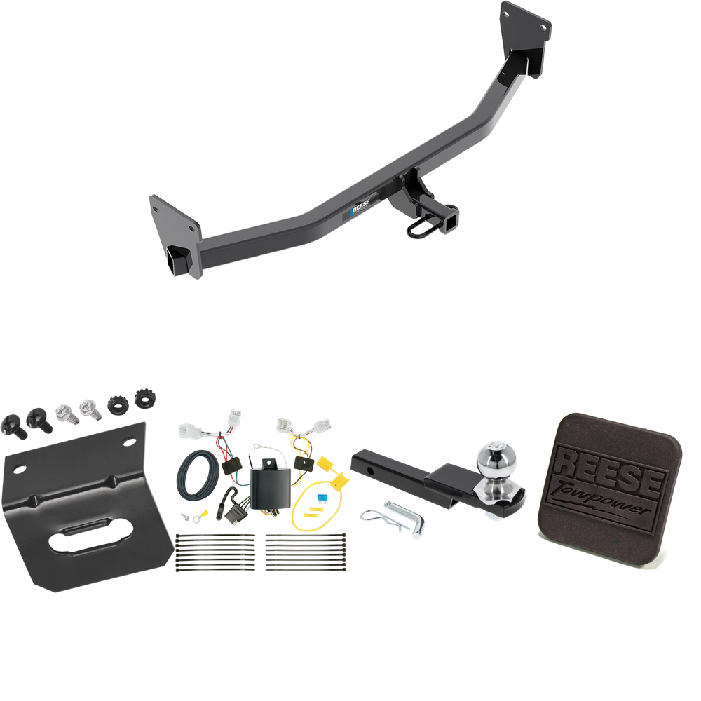 Fits 2017-2023 KIA Niro Trailer Hitch Tow PKG w/ 4-Flat Wiring Harness + Interlock Starter Kit w/ 2" Ball 1-1/4" Drop 3/4" Rise + Wiring Bracket + Hitch Cover (Excludes: Plug-In-Hybrid Models) By Reese Towpower