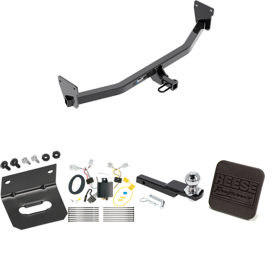 Fits 2017-2023 KIA Niro Trailer Hitch Tow PKG w/ 4-Flat Wiring Harness + Interlock Starter Kit w/ 2" Ball 1-1/4" Drop 3/4" Rise + Wiring Bracket + Hitch Cover (Excludes: Plug-In-Hybrid Models) By Reese Towpower