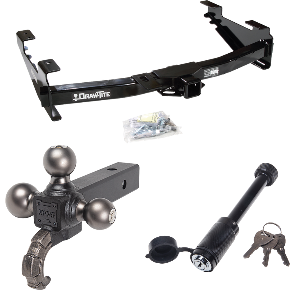 Fits 2001-2002 GMC Sierra 3500 Trailer Hitch Tow PKG + Tactical Triple Ball Ball Mount 1-7/8" & 2" & 2-5/16" Balls & Tow Hook + Tactical Dogbone Lock By Draw-Tite