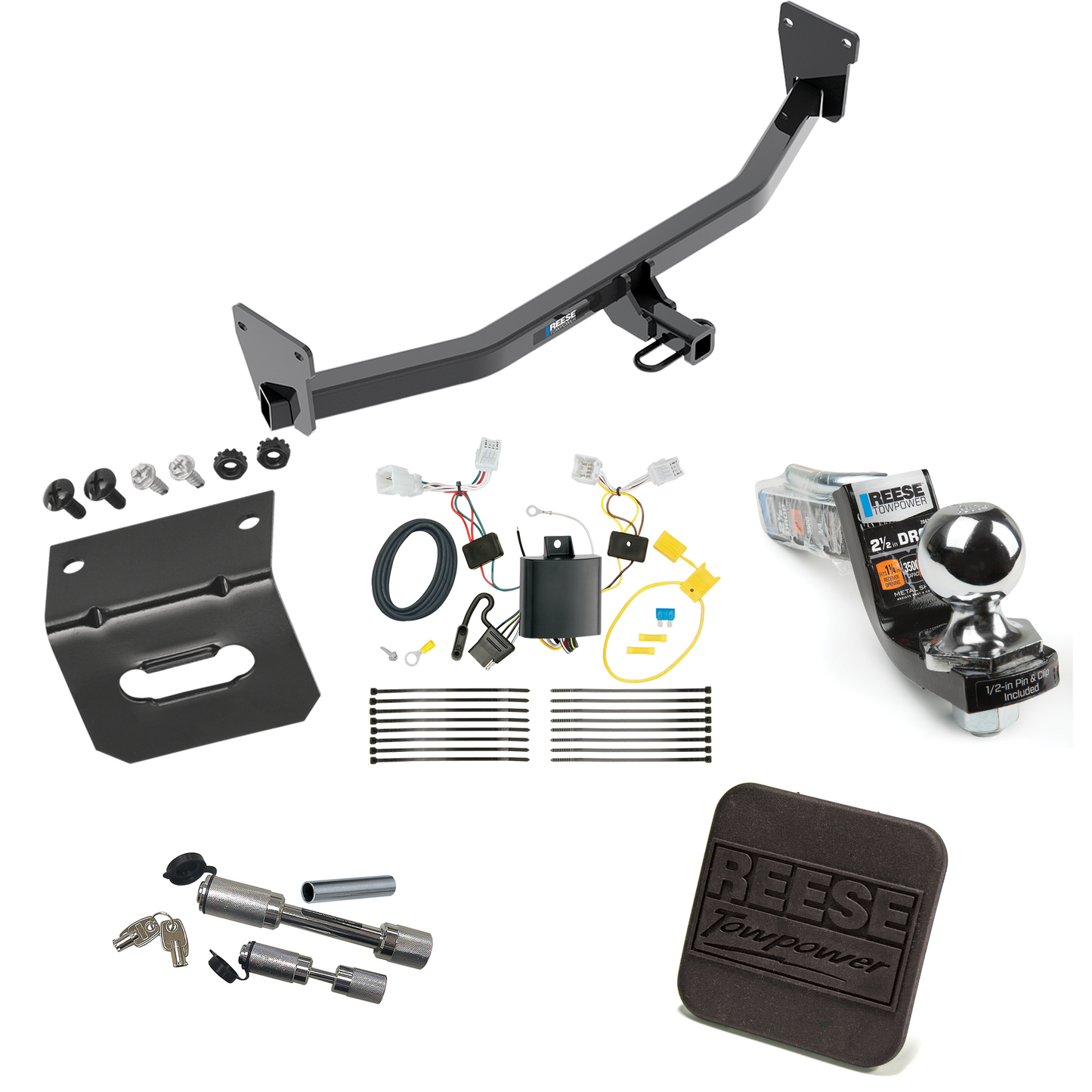 Fits 2017-2023 KIA Niro Trailer Hitch Tow PKG w/ 4-Flat Wiring Harness + Interlock Starter Kit w/ 2" Ball 2-1/2" Drop 2" Rise + Wiring Bracket + Hitch Cover + Dual Hitch & Coupler Locks (Excludes: Plug-In-Hybrid Models) By Reese Towpower