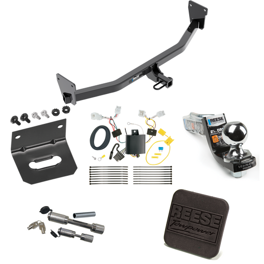 Fits 2017-2023 KIA Niro Trailer Hitch Tow PKG w/ 4-Flat Wiring Harness + Interlock Starter Kit w/ 2" Ball 2-1/2" Drop 2" Rise + Wiring Bracket + Hitch Cover + Dual Hitch & Coupler Locks (Excludes: Plug-In-Hybrid Models) By Reese Towpower