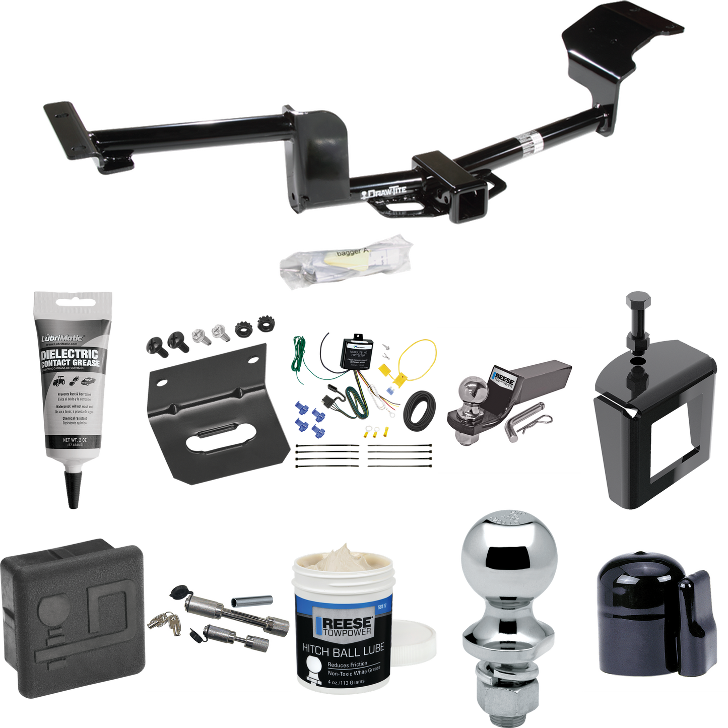 Fits 2015-2019 Lincoln MKT Trailer Hitch Tow PKG w/ 4-Flat Wiring + Starter Kit Ball Mount w/ 2" Drop & 2" Ball + 1-7/8" Ball + Wiring Bracket + Dual Hitch & Coupler Locks + Hitch Cover + Wiring Tester + Ball Lube +Electric Grease + Ball Wrench + Ant