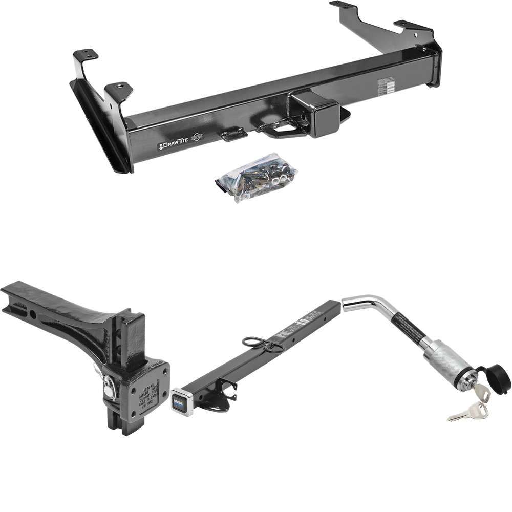 Fits 2007-2010 GMC Sierra 3500 HD Trailer Hitch Tow PKG w/ 2-1/2" to 2" Adapter 24" Length + Adjustable Pintle Hook Mounting Plate + Hitch Lock By Draw-Tite