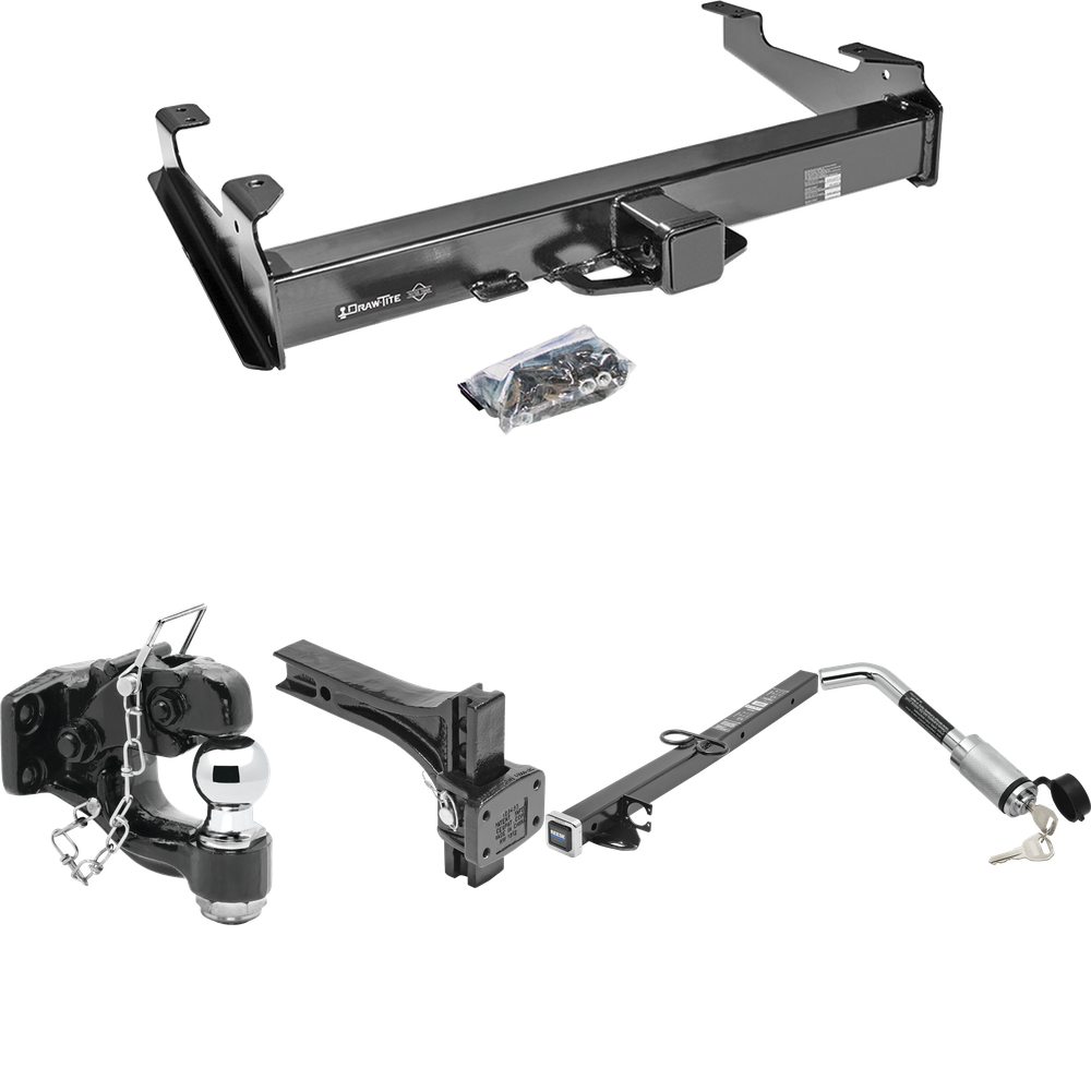 Fits 2001-2010 GMC Sierra 2500 HD Trailer Hitch Tow PKG w/ 2-1/2" to 2" Adapter 24" Length + Adjustable Pintle Hook Mounting Plate + Pintle Hook & 2" Ball Combination + Hitch Lock (For 8 ft. Bed Models) By Draw-Tite