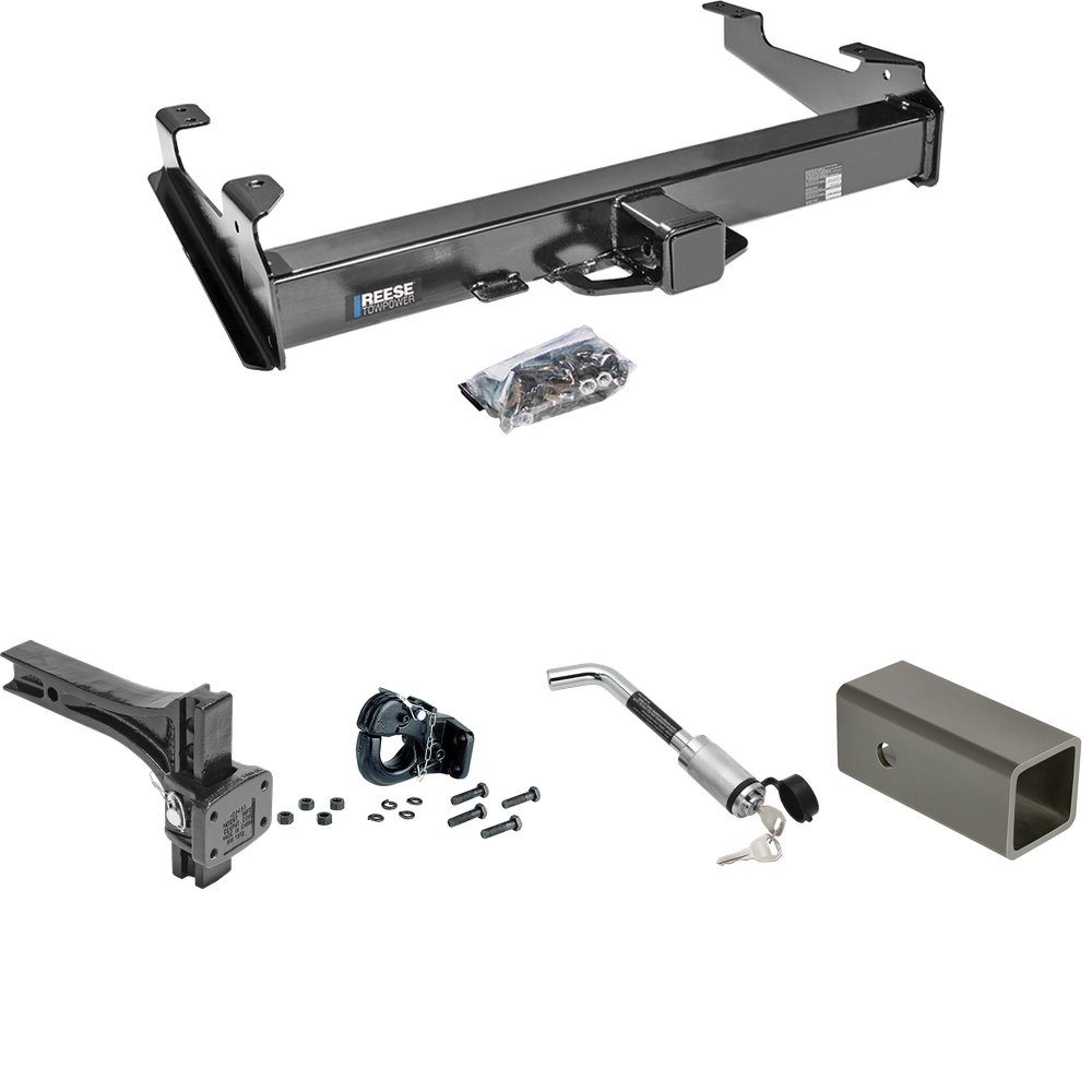 Fits 2001-2002 Chevrolet Silverado 3500 Trailer Hitch Tow PKG w/ 2-1/2" to 2" Adapter 6" Length + Adjustable Pintle Hook Mounting Plate + 20K Pintle Hook + Hitch Lock By Reese Towpower