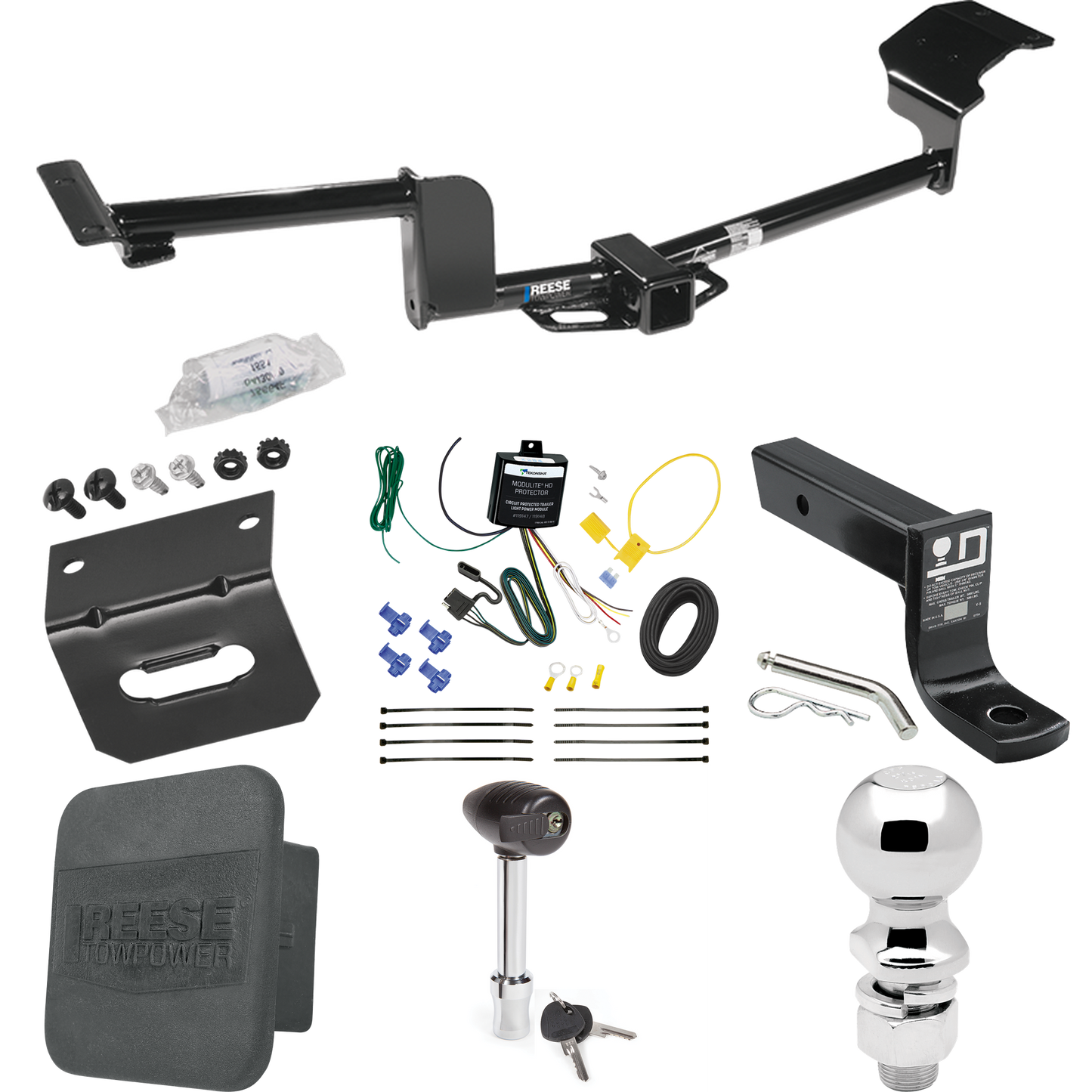 Se adapta al paquete de enganche de remolque Lincoln MKT 2015-2019 con 4 cables planos + soporte de bola con caída de 4" + bola de 2-5/16" + soporte de cableado + bloqueo de enganche + cubierta de enganche de Reese Towpower