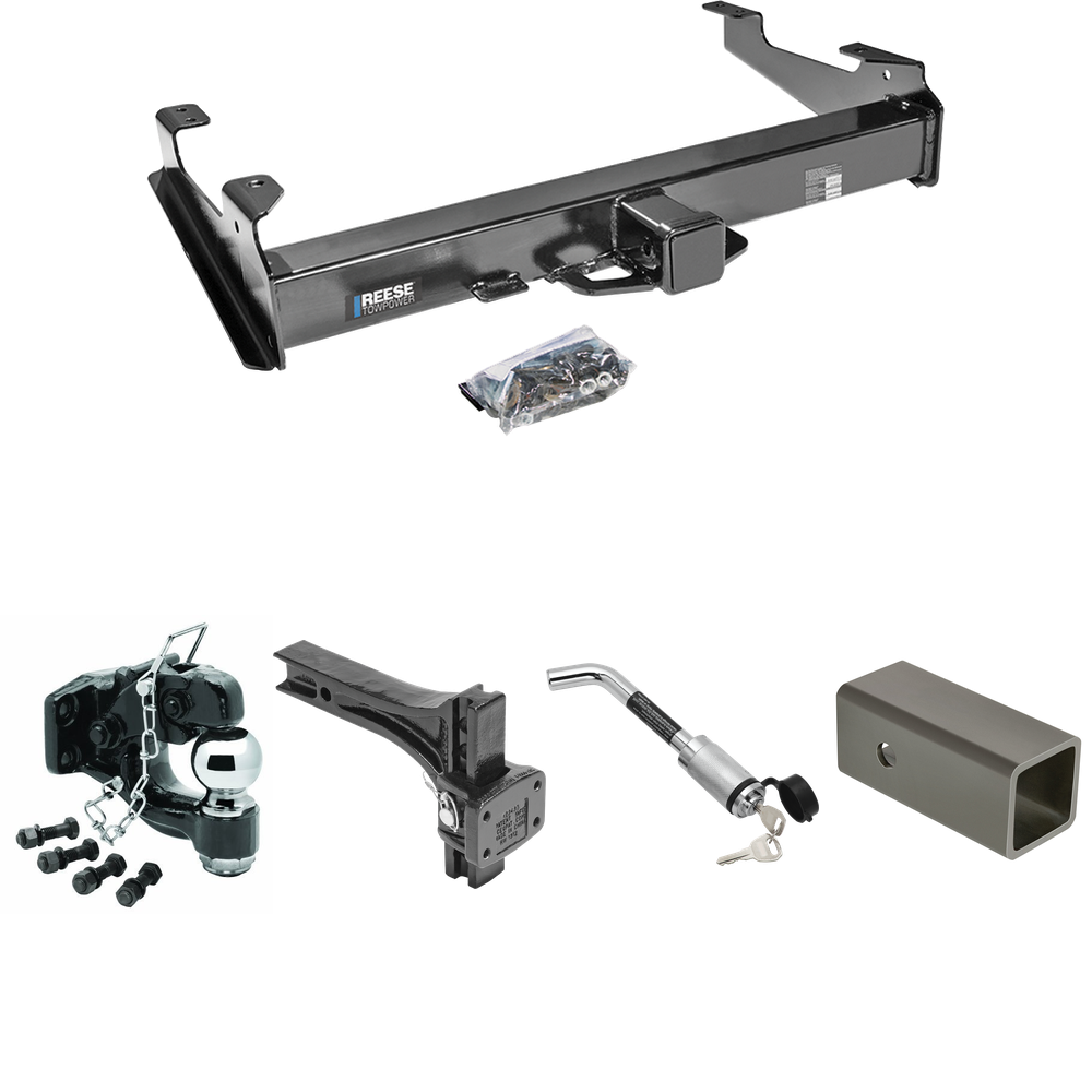 Fits 2007-2010 Chevrolet Silverado 3500 HD Trailer Hitch Tow PKG w/ 2-1/2" to 2" Adapter 6" Length + Adjustable Pintle Hook Mounting Plate + Pintle Hook & 2-5/16" Ball Combination + Hitch Lock By Reese Towpower