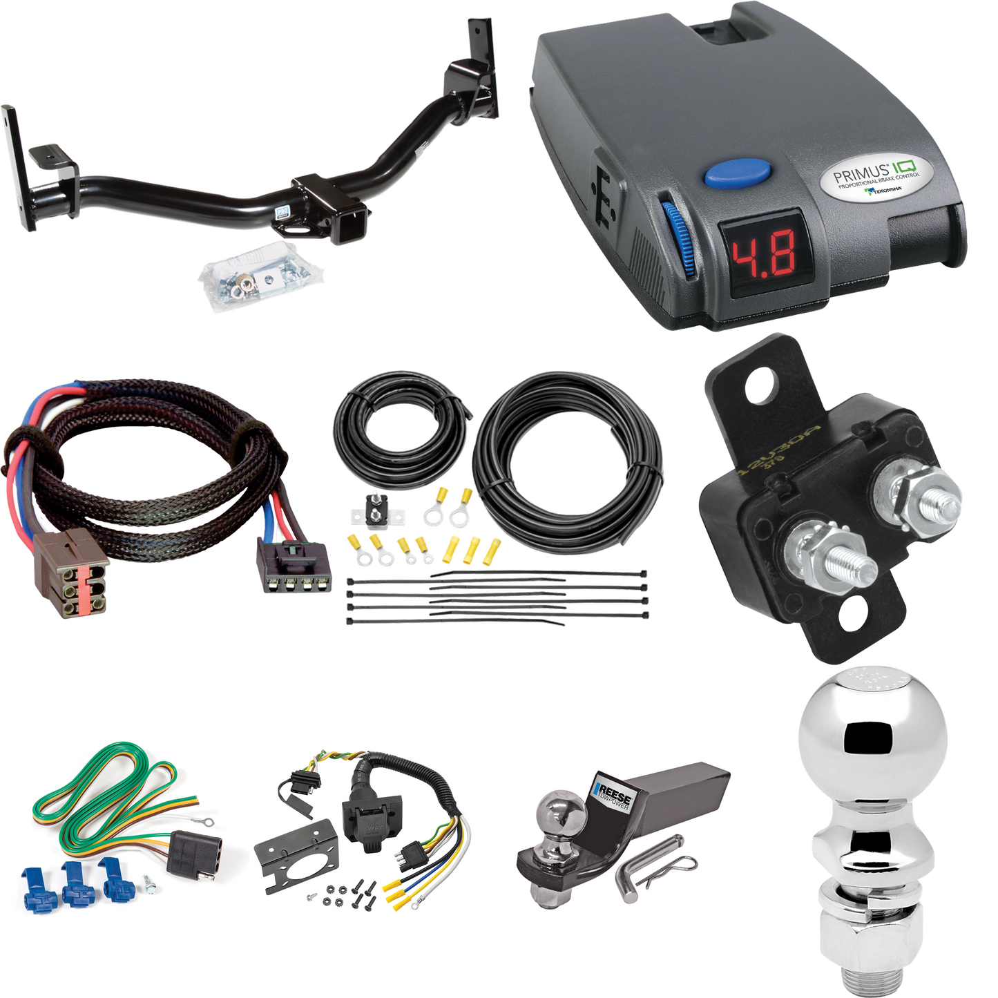 Se adapta al paquete de enganche de remolque Ford Explorer Sport Trac 2004-2005 con control de freno Tekonsha Primus IQ + adaptador BC Plug &amp; Play + cableado RV de 7 vías + soporte de bola y caída de 2" y 2-5/16" de Reese Towpower