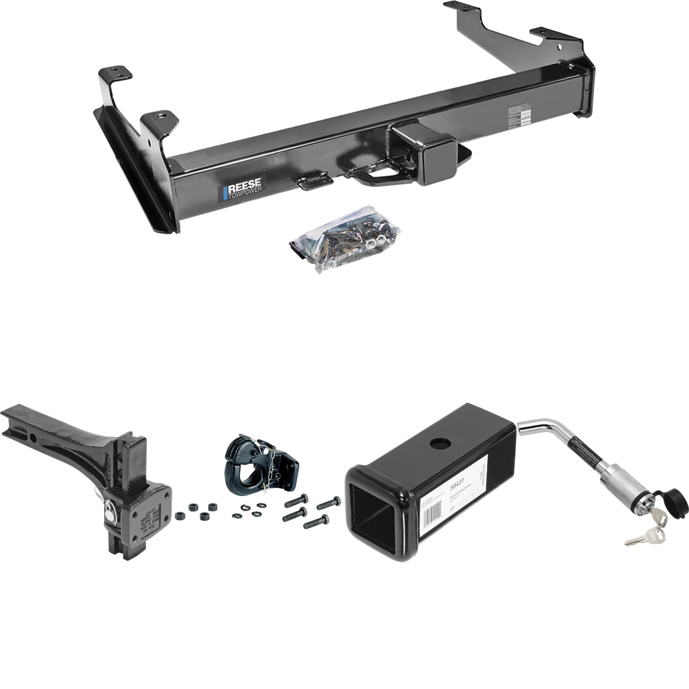 Fits 2001-2002 Chevrolet Silverado 2500 HD Trailer Hitch Tow PKG w/ 2-1/2" to 2" Adapter 7" Length + Adjustable Pintle Hook Mounting Plate + 20K Pintle Hook + Hitch Lock (For 8 ft. Bed Models) By Reese Towpower