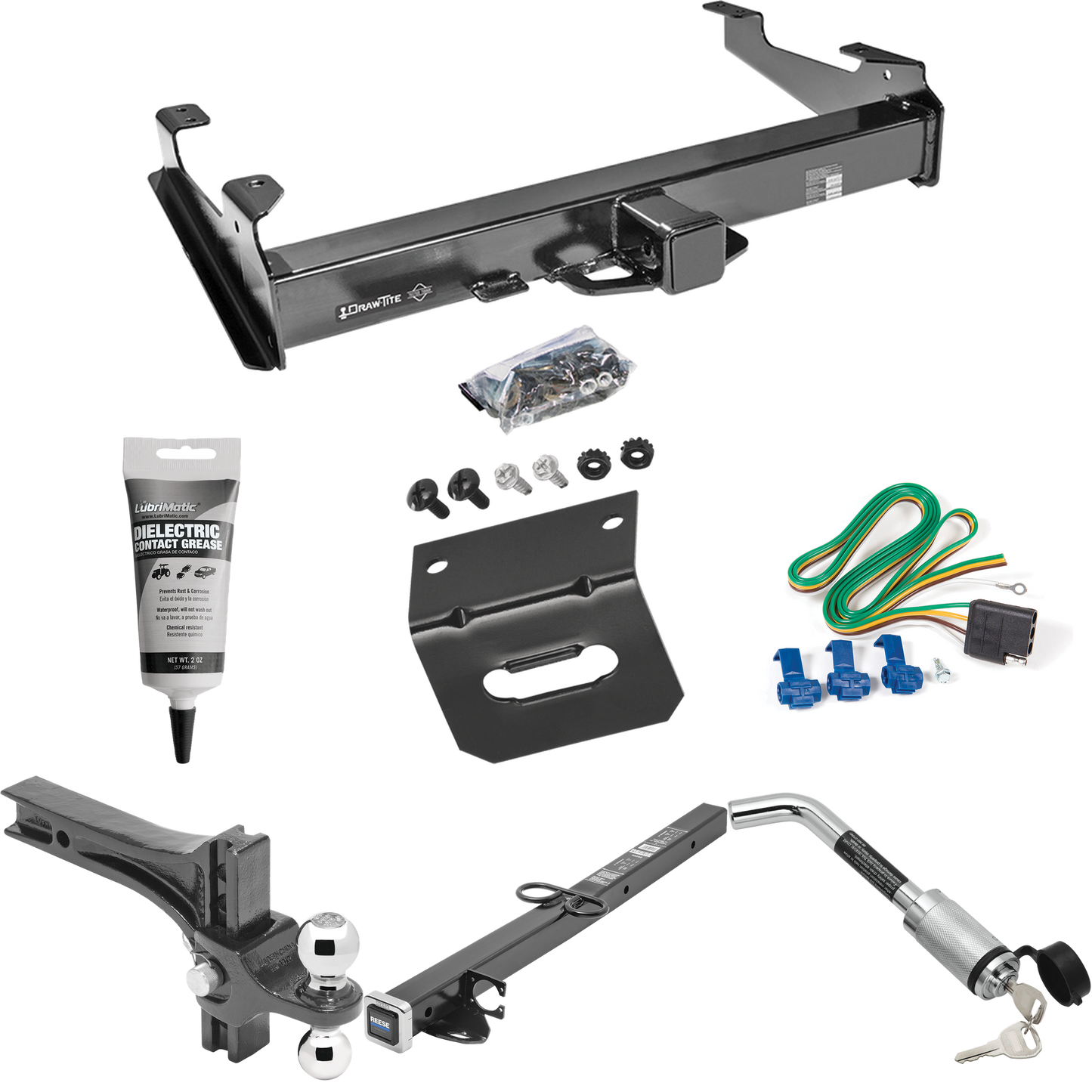 Fits 2001-2002 Chevrolet Silverado 3500 Trailer Hitch Tow PKG w/ 4-Flat Wiring Harness + 2-1/2" to 2" Adapter 24" Length + Adjustable Drop Rise Dual Ball Ball Mount 2" & 2-5/16" Trailer Balls + Hitch Lock + Wiring Bracket + Electric Grease By Draw-Ti