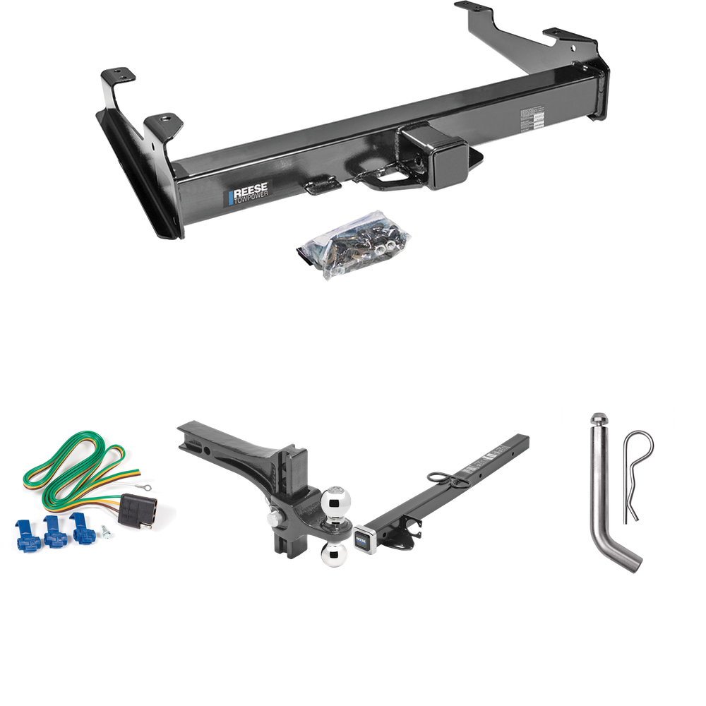 Fits 2001-2002 GMC Sierra 3500 Trailer Hitch Tow PKG w/ 4-Flat Wiring Harness + 2-1/2" to 2" Adapter 24" Length + Adjustable Drop Rise Dual Ball Ball Mount 2" & 2-5/16" Trailer Balls + Pin/Clip By Reese Towpower