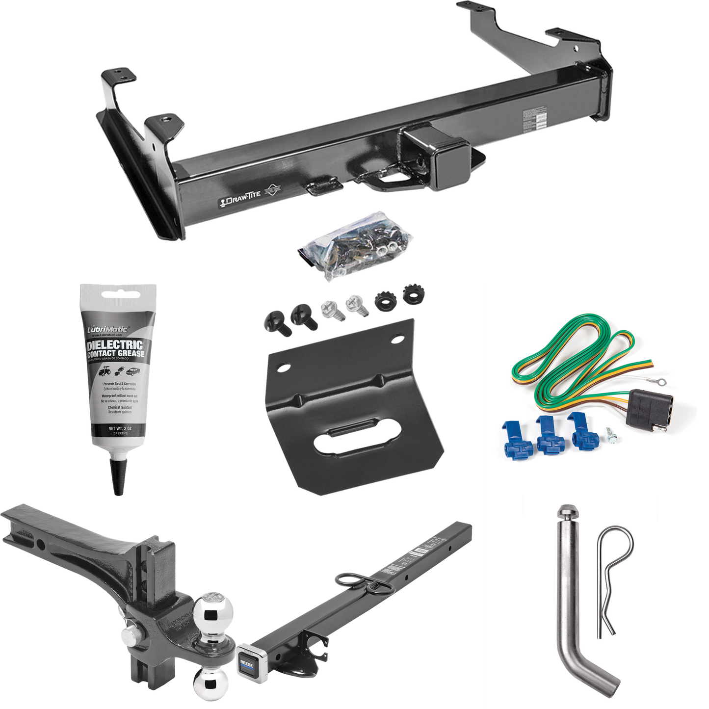 Fits 2001-2006 GMC Sierra 2500 HD Trailer Hitch Tow PKG w/ 4-Flat Wiring Harness + 2-1/2" to 2" Adapter 24" Length + Adjustable Drop Rise Dual Ball Ball Mount 2" & 2-5/16" Trailer Balls + Pin/Clip + Wiring Bracket + Electric Grease (For 8 ft. Bed Mod