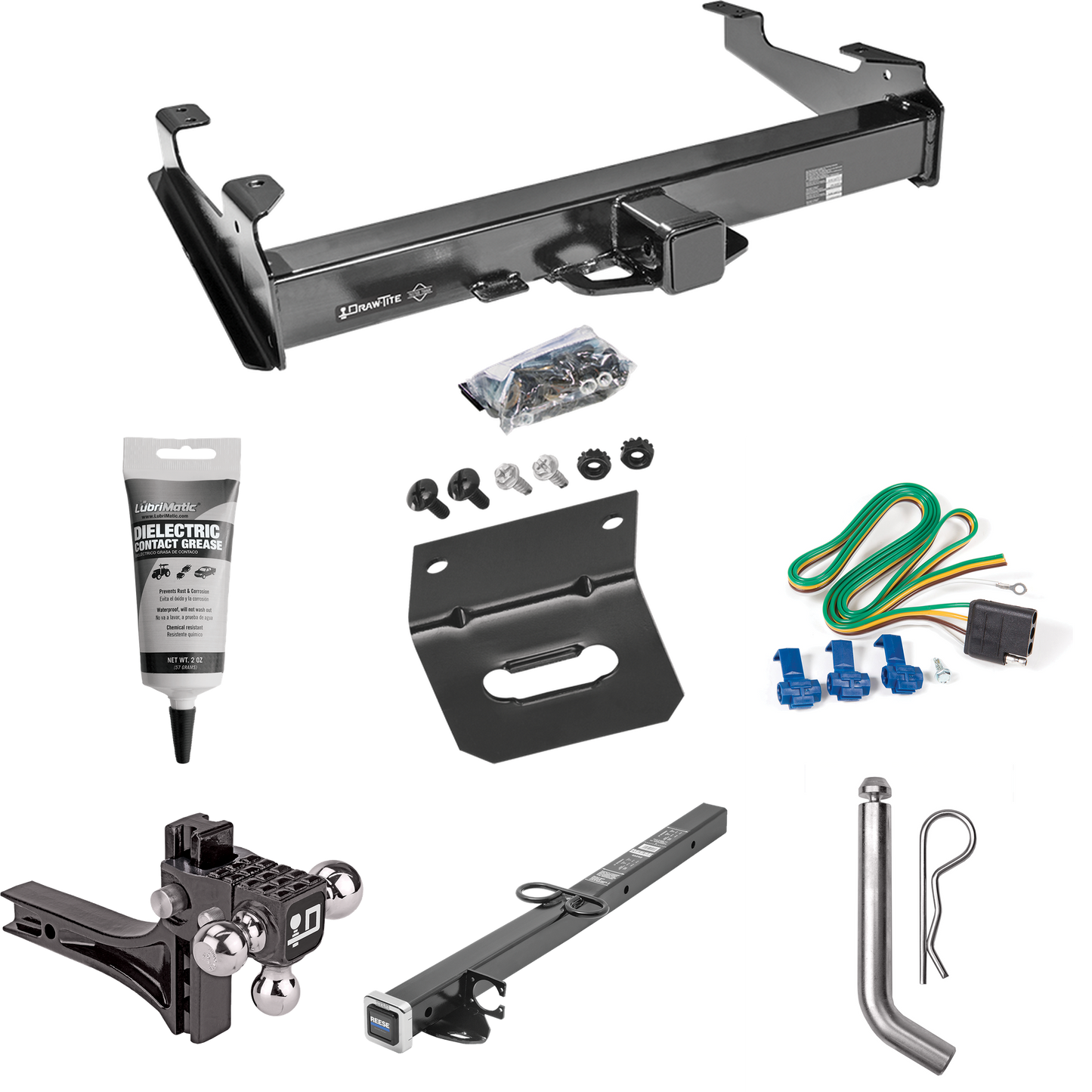 Fits 2001-2002 Chevrolet Silverado 2500 HD Trailer Hitch Tow PKG w/ 4-Flat Wiring Harness + 2-1/2" to 2" Adapter 24" Length + Adjustable Drop Rise Triple Ball Ball Mount 1-7/8" & 2" & 2-5/16" Trailer Balls + Pin/Clip + Wiring Bracket + Electric Greas