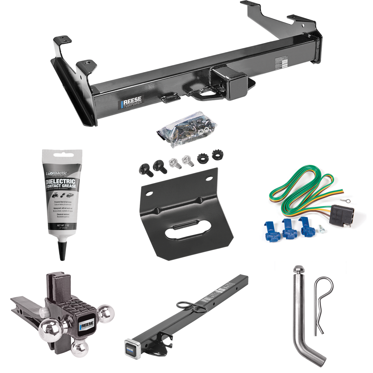 Fits 2001-2002 Chevrolet Silverado 3500 Trailer Hitch Tow PKG w/ 4-Flat Wiring Harness + 2-1/2" to 2" Adapter 24" Length + Adjustable Drop Rise Triple Ball Ball Mount 1-7/8" & 2" & 2-5/16" Trailer Balls + Pin/Clip + Wiring Bracket + Electric Grease B