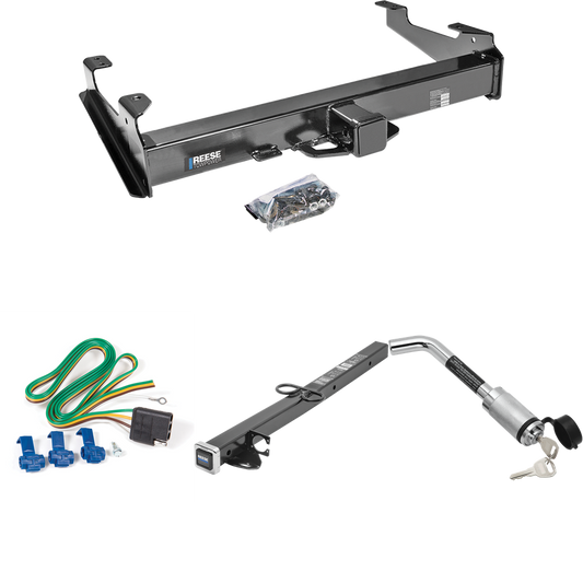 Fits 2001-2002 Chevrolet Silverado 2500 HD Trailer Hitch Tow PKG w/ 4-Flat Wiring Harness + 2-1/2" to 2" Adapter 24" Length + Hitch Lock (For 8 ft. Bed Models) By Reese Towpower