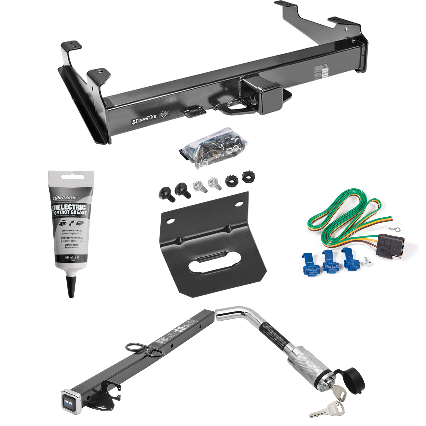 Fits 2001-2002 Chevrolet Silverado 3500 Trailer Hitch Tow PKG w/ 4-Flat Wiring Harness + 2-1/2" to 2" Adapter 24" Length + Hitch Lock + Wiring Bracket + Electric Grease By Draw-Tite