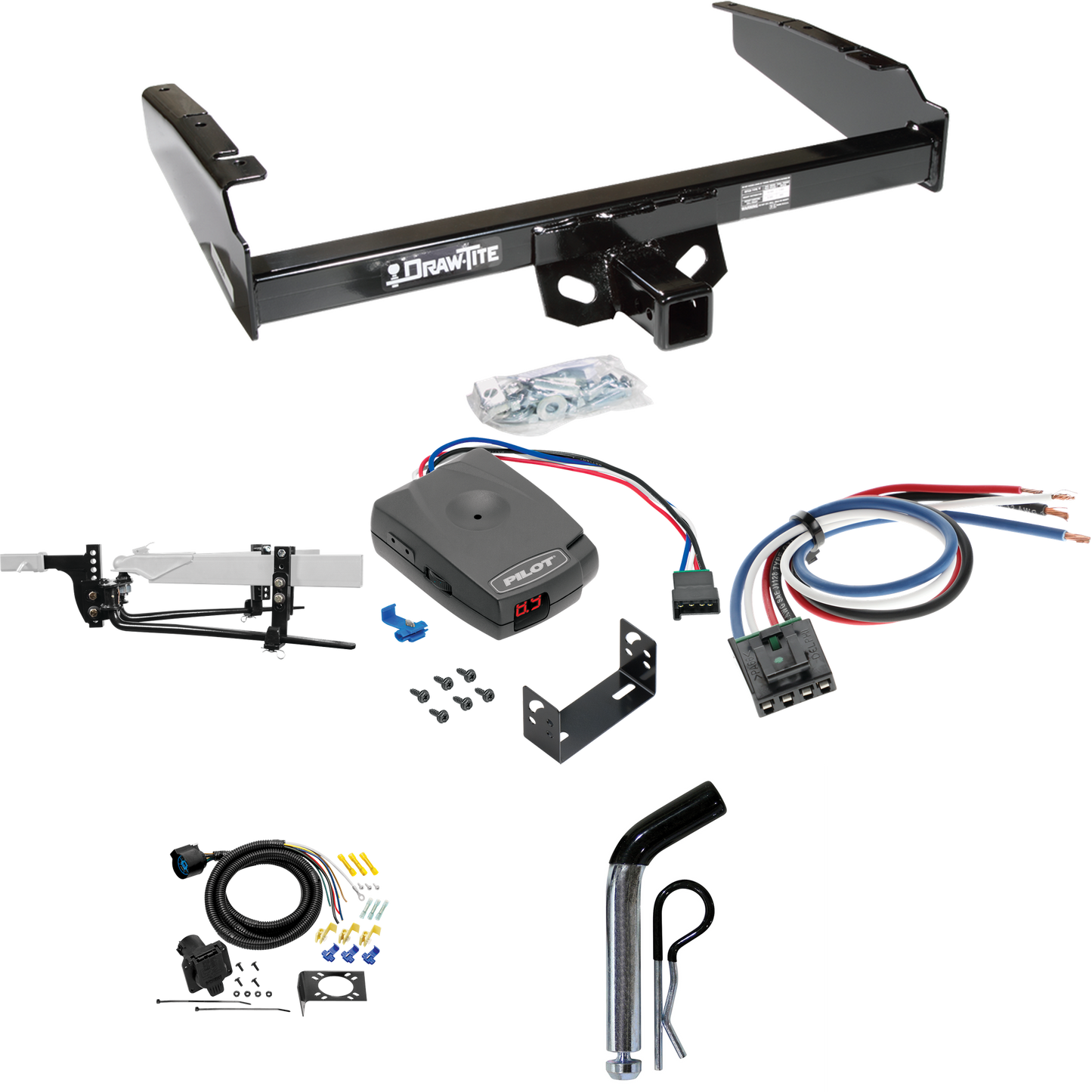 Fits 1980-1983 Ford F-100 Trailer Hitch Tow PKG w/ 11.5K Round Bar Weight Distribution Hitch w/ 2-5/16" Ball + Pin/Clip + Pro Series Pilot Brake Control + Generic BC Wiring Adapter + 7-Way RV Wiring (Excludes: w/Custom Fascia Models) By Draw-Tite