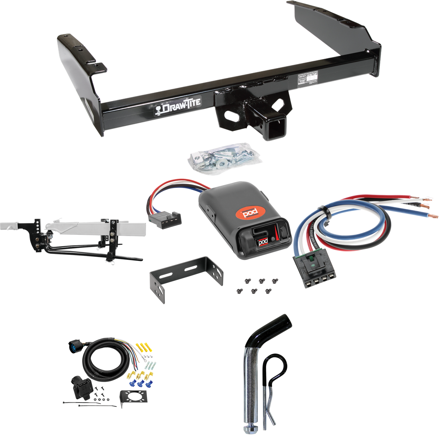 Fits 1980-1986 Ford F-350 Trailer Hitch Tow PKG w/ 11.5K Round Bar Weight Distribution Hitch w/ 2-5/16" Ball + Pin/Clip + Pro Series POD Brake Control + Generic BC Wiring Adapter + 7-Way RV Wiring (Excludes: w/Custom Fascia Models) By Draw-Tite