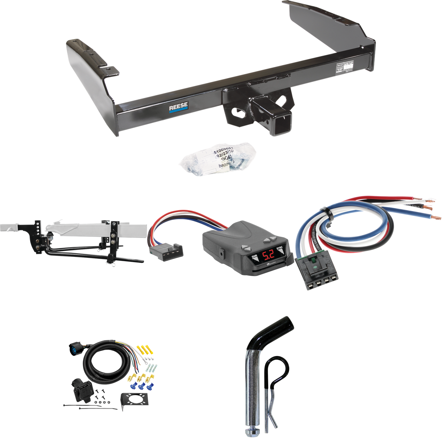 Fits 1980-1986 Ford F-150 Trailer Hitch Tow PKG w/ 11.5K Round Bar Weight Distribution Hitch w/ 2-5/16" Ball + Pin/Clip + Tekonsha Brakeman IV Brake Control + Generic BC Wiring Adapter + 7-Way RV Wiring (Excludes: w/Custom Fascia Models) By Reese Tow