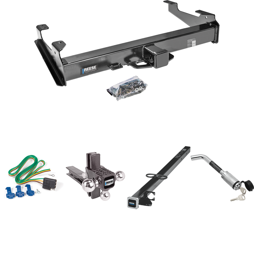 Fits 2003-2007 GMC Sierra 3500 Trailer Hitch Tow PKG w/ 4-Flat Wiring Harness + 2-1/2" to 2" Adapter 41" Length + Adjustable Drop Rise Triple Ball Ball Mount 1-7/8" & 2" & 2-5/16" Trailer Balls + Hitch Lock (For (Classic) Models) By Reese Towpower