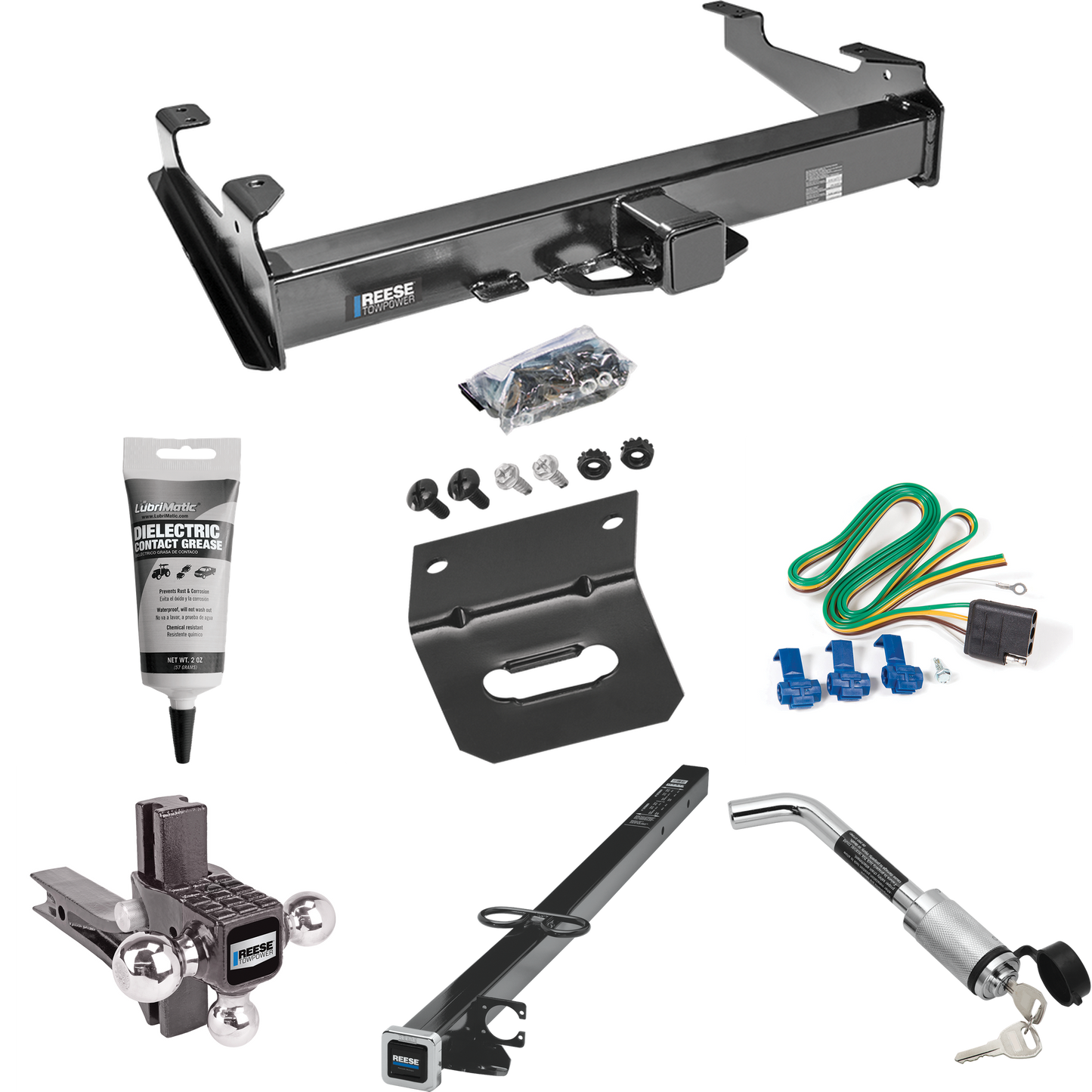 Fits 2003-2007 GMC Sierra 3500 Trailer Hitch Tow PKG w/ 4-Flat Wiring Harness + 2-1/2" to 2" Adapter 41" Length + Adjustable Drop Rise Triple Ball Ball Mount 1-7/8" & 2" & 2-5/16" Trailer Balls + Hitch Lock + Wiring Bracket + Electric Grease (For (Cl