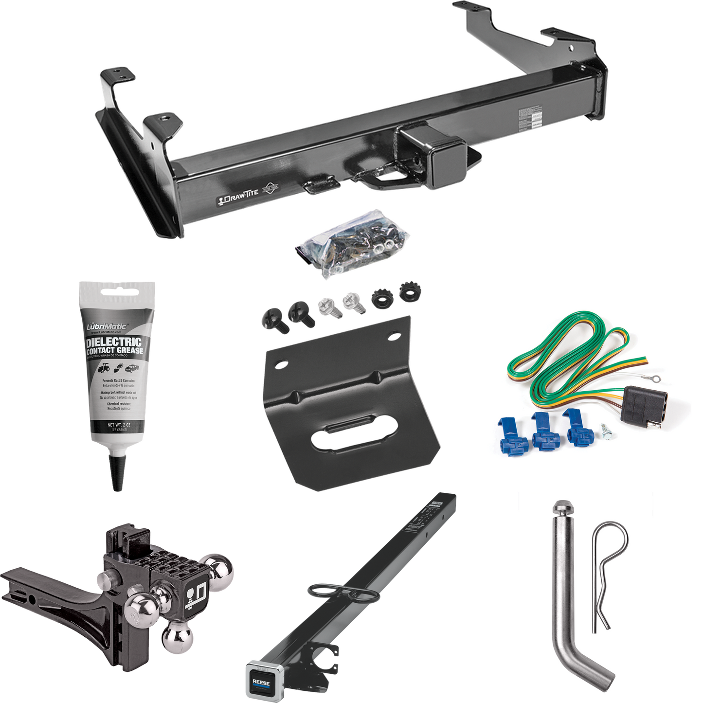 Fits 2003-2007 Chevrolet Silverado 2500 HD Trailer Hitch Tow PKG w/ 4-Flat Wiring Harness + 2-1/2" to 2" Adapter 41" Length + Adjustable Drop Rise Triple Ball Ball Mount 1-7/8" & 2" & 2-5/16" Trailer Balls + Pin/Clip + Wiring Bracket + Electric Greas