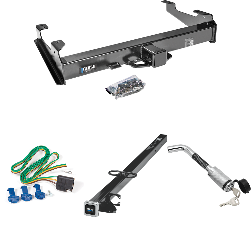 Fits 2001-2002 Chevrolet Silverado 2500 HD Trailer Hitch Tow PKG w/ 4-Flat Wiring Harness + 2-1/2" to 2" Adapter 41" Length + Hitch Lock (For 8 ft. Bed Models) By Reese Towpower