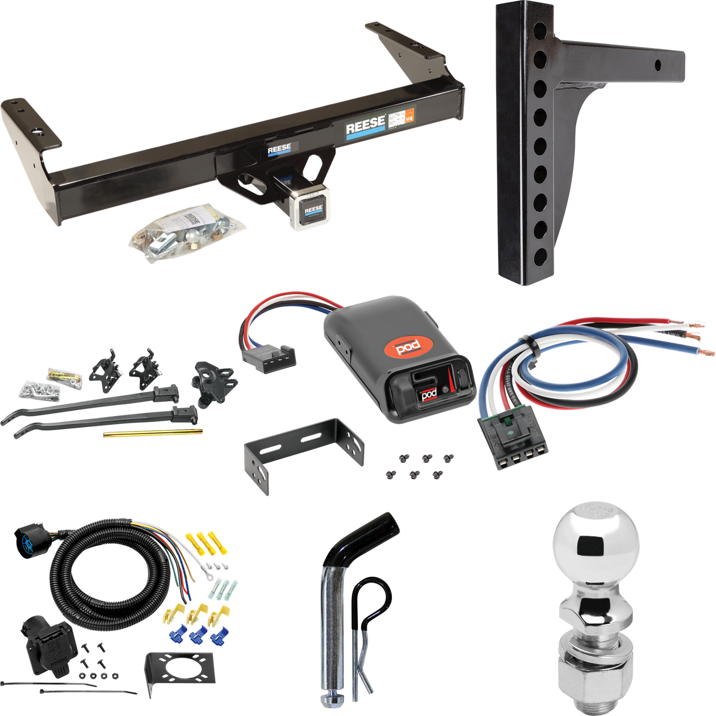 Fits 1975-1993 Ford F-350 Trailer Hitch Tow PKG w/ 12K Trunnion Bar Weight Distribution Hitch + Pin/Clip + 2-5/16" Ball + Pro Series POD Brake Control + Generic BC Wiring Adapter + 7-Way RV Wiring By Reese Towpower