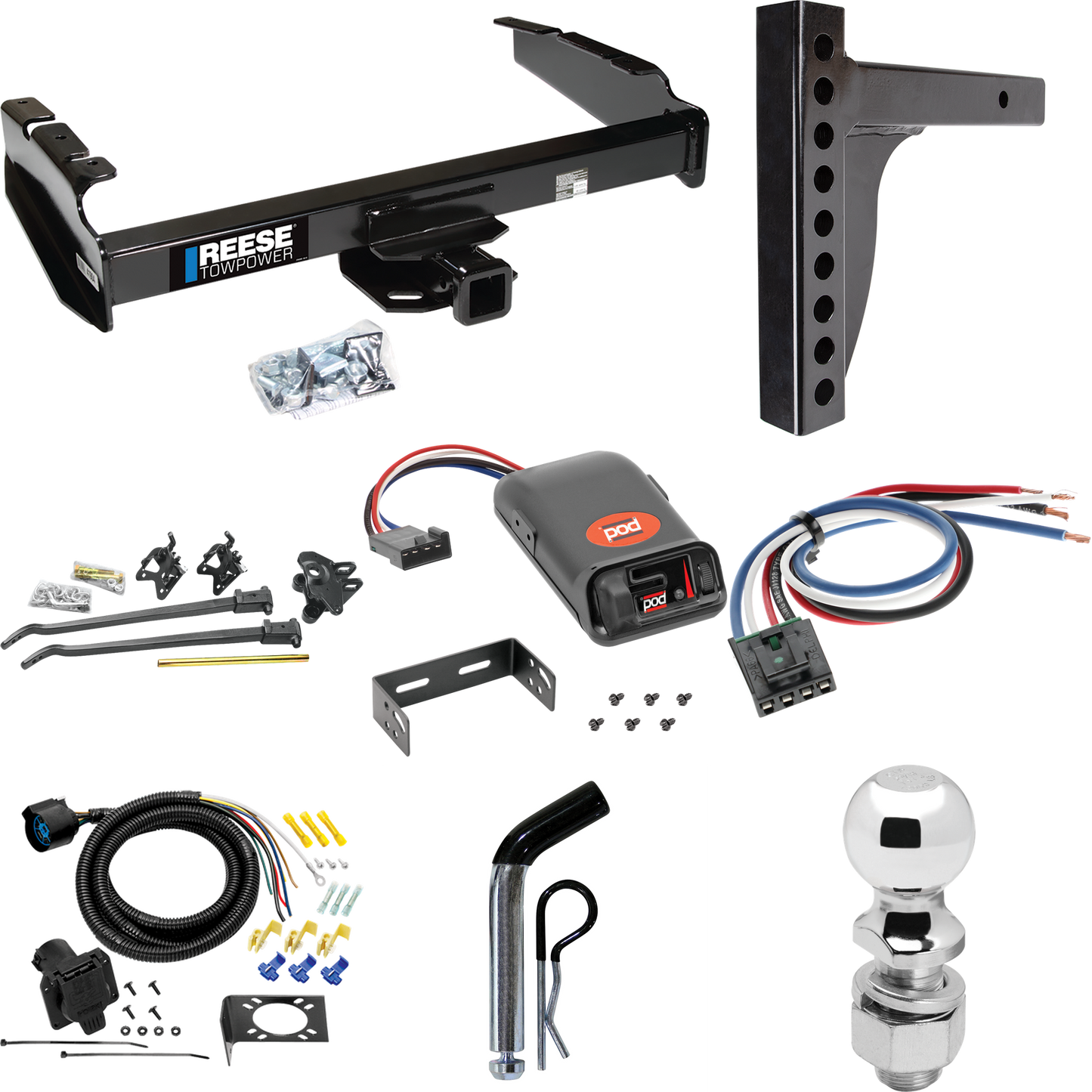 Fits 1980-1983 Ford F-100 Trailer Hitch Tow PKG w/ 12K Trunnion Bar Weight Distribution Hitch + Pin/Clip + 2-5/16" Ball + Pro Series POD Brake Control + Generic BC Wiring Adapter + 7-Way RV Wiring (Excludes: w/Custom Fascia Models) By Reese Towpower