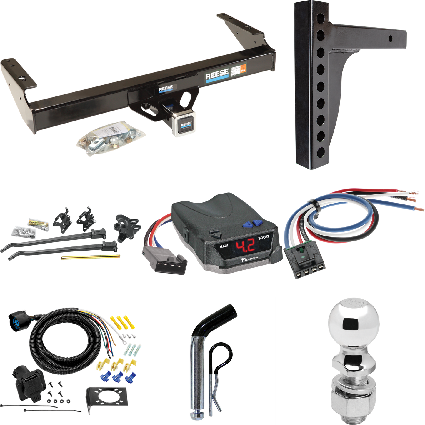 Fits 1975-1993 Ford F-250 Trailer Hitch Tow PKG w/ 12K Trunnion Bar Weight Distribution Hitch + Pin/Clip + 2-5/16" Ball + Tekonsha BRAKE-EVN Brake Control + Generic BC Wiring Adapter + 7-Way RV Wiring By Reese Towpower